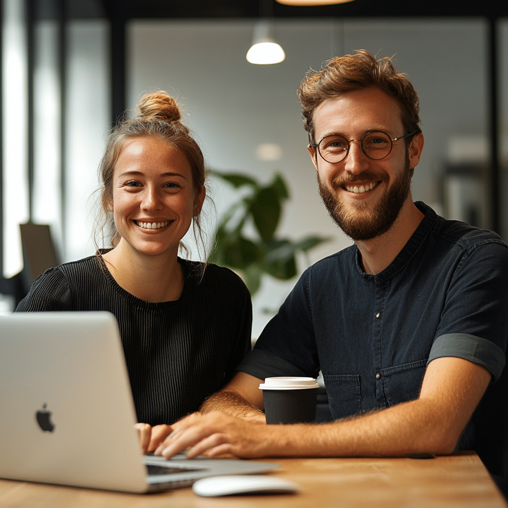 To medarbejder hos Group Online sidder til møde omkring ny hjemmeside, markedsføring og branding